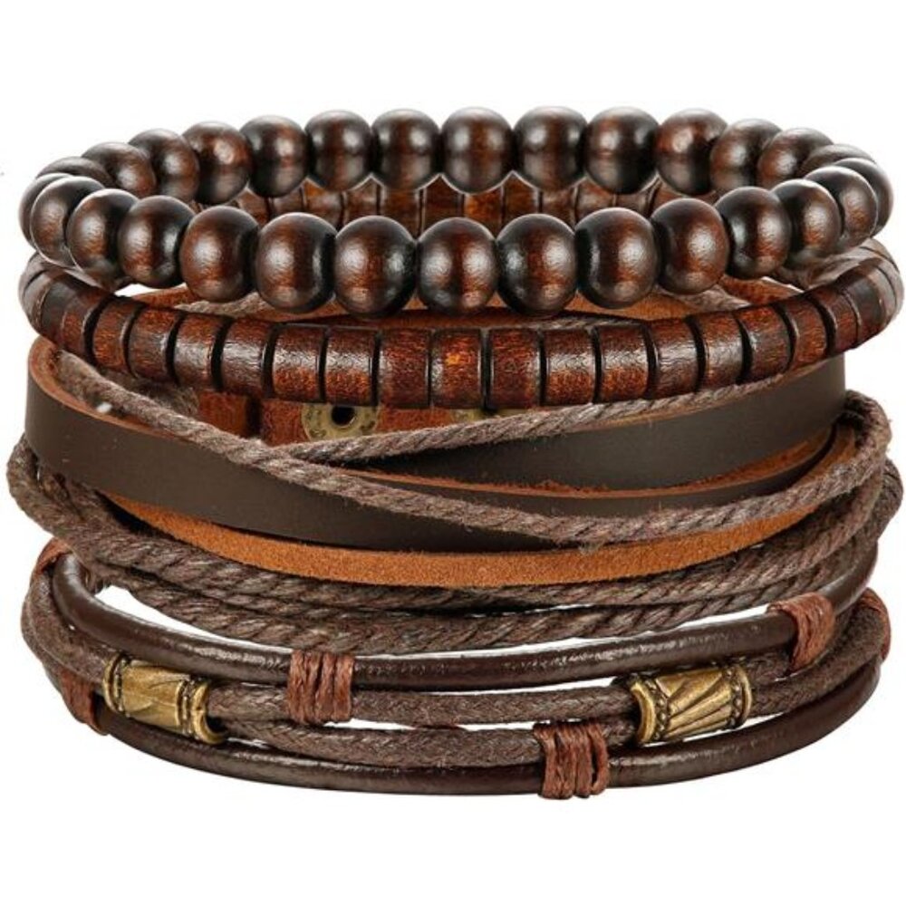 4Pcs Braided Leather Bracelet for Women Mens Cuff Bead Bracelet Set